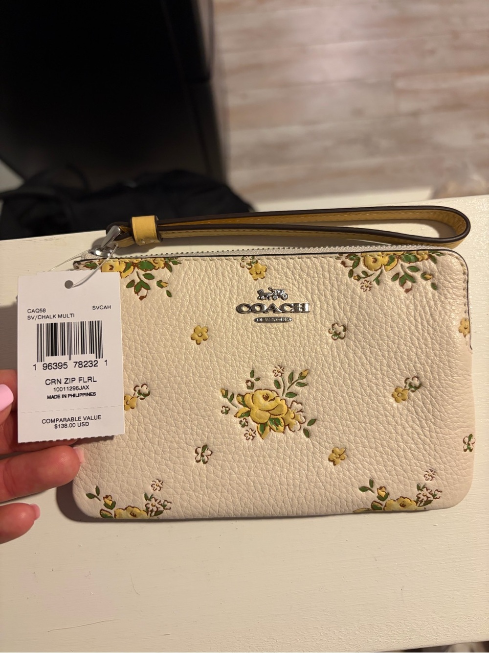 Coach Chalk Floral Pebbled Leather Wristlet with Yellow Accents